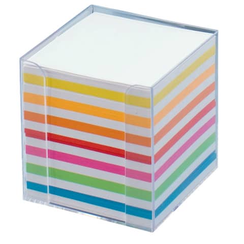 Notizbox glasklar – 9,5×9,5×9,5cm, Papier: weiß / bunt, ca. 700 Blatt